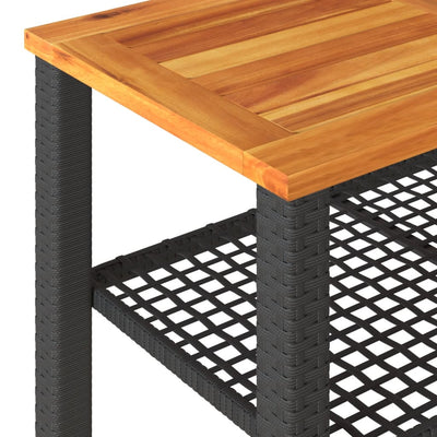 Garden Table Black 70x38x42 cm Poly Rattan Acacia Wood