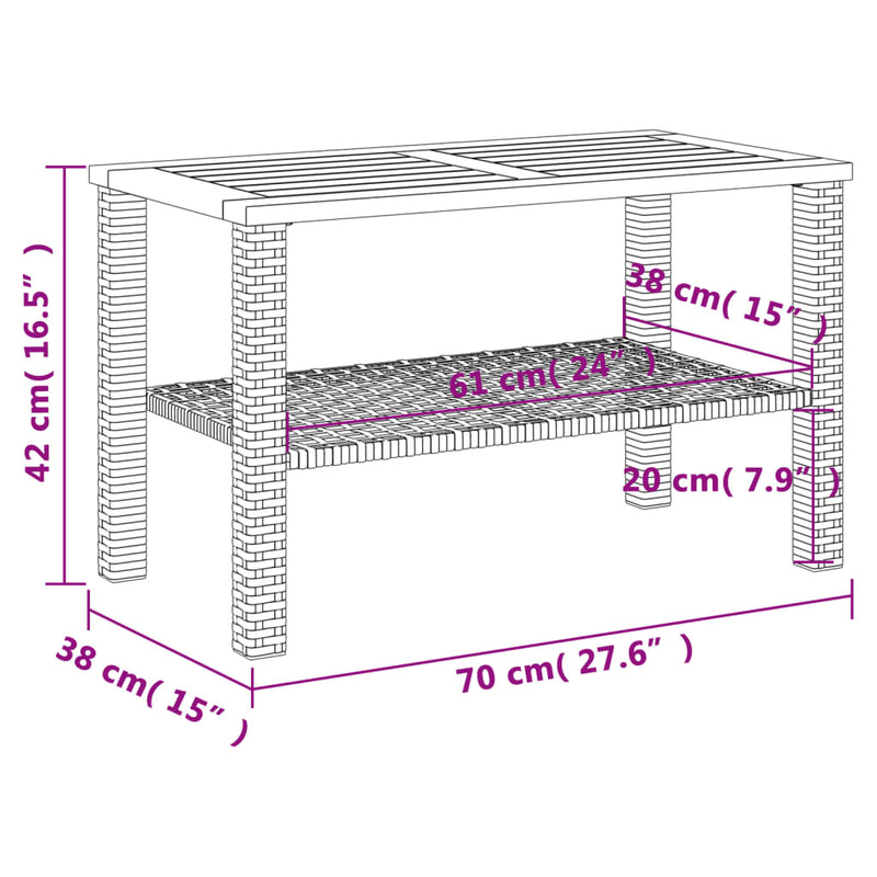 Garden Table Black 70x38x42 cm Poly Rattan Acacia Wood