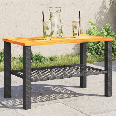 Garden Table Black 70x38x42 cm Poly Rattan Acacia Wood