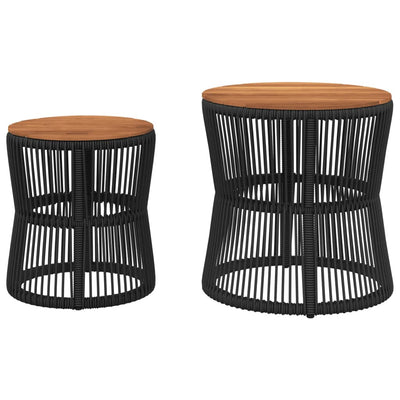 Garden Side Tables 2 pcs with Wooden Top Black Poly Rattan