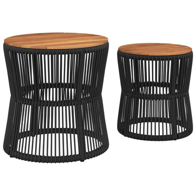 Garden Side Tables 2 pcs with Wooden Top Black Poly Rattan