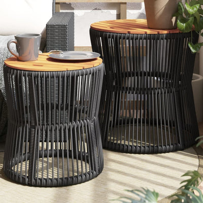 Garden Side Tables 2 pcs with Wooden Top Black Poly Rattan