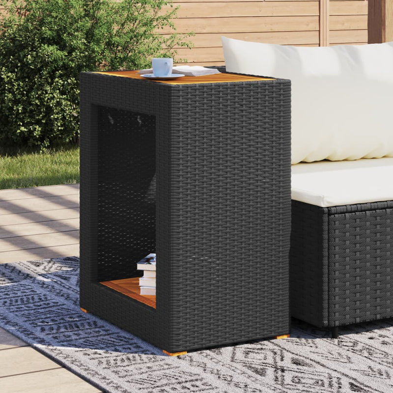 Garden Side Table with Wooden Top Black 60x40x75 cm Poly Rattan