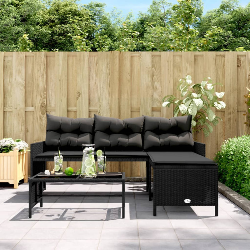 Garden Sofa with Table and Cushions L-Shaped Black Poly Rattan