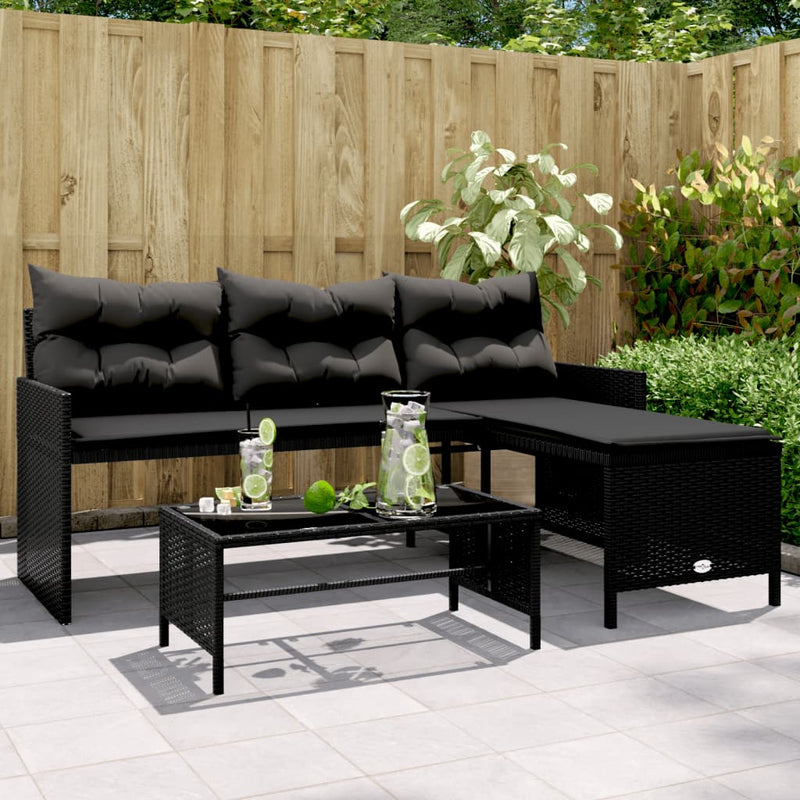 Garden Sofa with Table and Cushions L-Shaped Black Poly Rattan