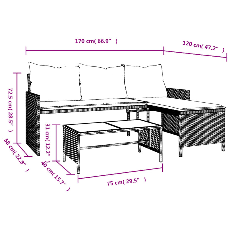 Garden Sofa with Table and Cushions L-Shaped Grey Poly Rattan