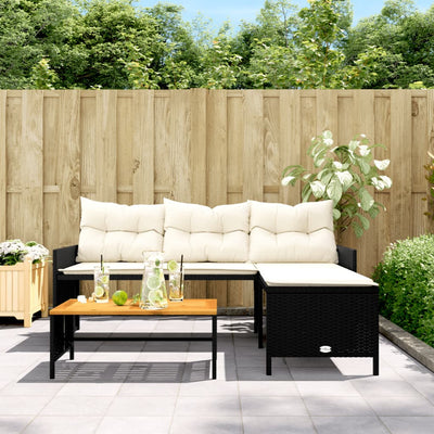 Garden Sofa with Table and Cushions L-Shaped Black Poly Rattan