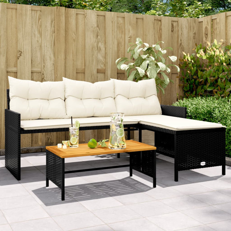 Garden Sofa with Table and Cushions L-Shaped Black Poly Rattan