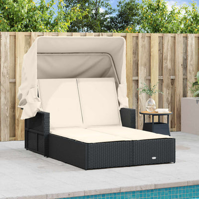 Double Sun Lounger with Canopy and Cushions Black Poly Rattan