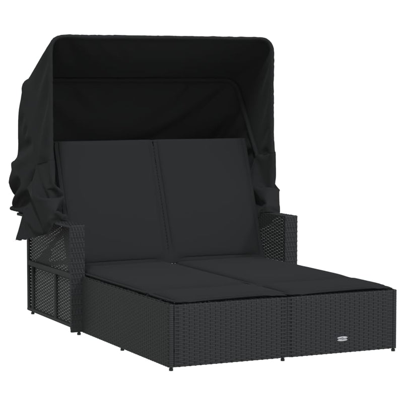 Double Sun Lounger with Canopy and Cushions Black Poly Rattan