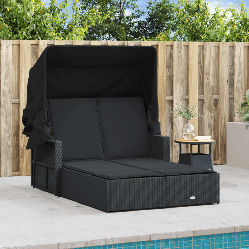 Double Sun Lounger with Canopy and Cushions Black Poly Rattan