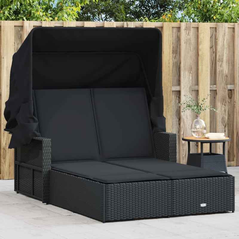 Double Sun Lounger with Canopy and Cushions Black Poly Rattan