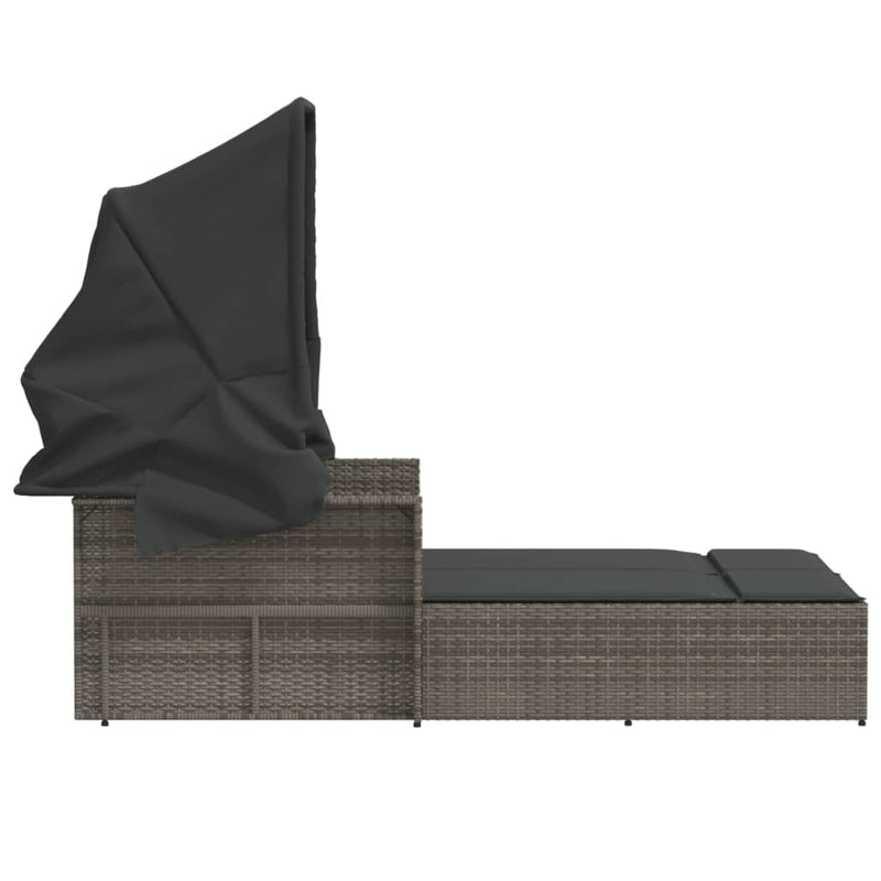 Double Sun Lounger with Canopy and Cushions Grey Poly Rattan