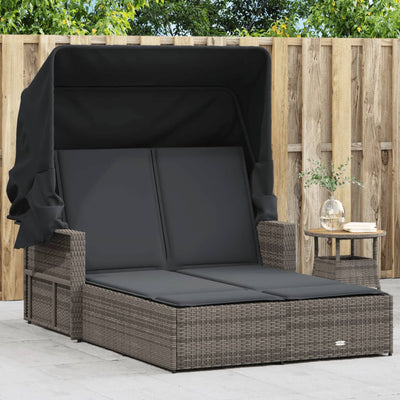 Double Sun Lounger with Canopy and Cushions Grey Poly Rattan