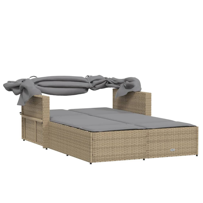 Double Sun Lounger with Canopy and Cushions Mix Beige Poly Rattan