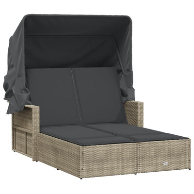 Double Sun Lounger with Canopy and Cushions Light Grey Poly Rattan