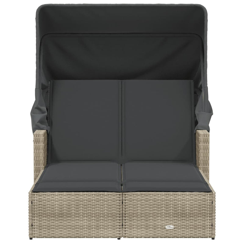 Double Sun Lounger with Canopy and Cushions Light Grey Poly Rattan