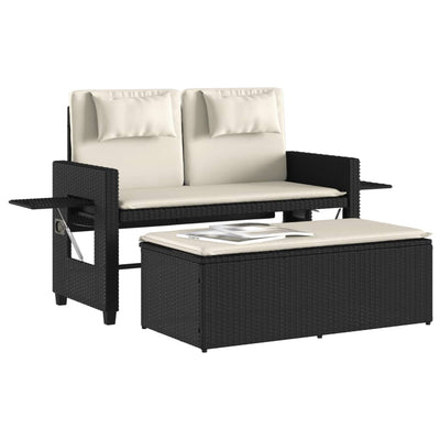 Reclining Garden Bench with Cushions Black Poly Rattan