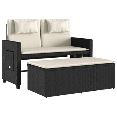 Reclining Garden Bench with Cushions Black Poly Rattan