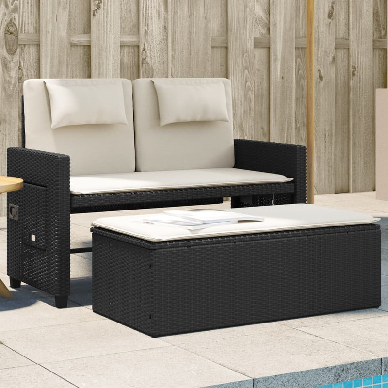 Reclining Garden Bench with Cushions Black Poly Rattan