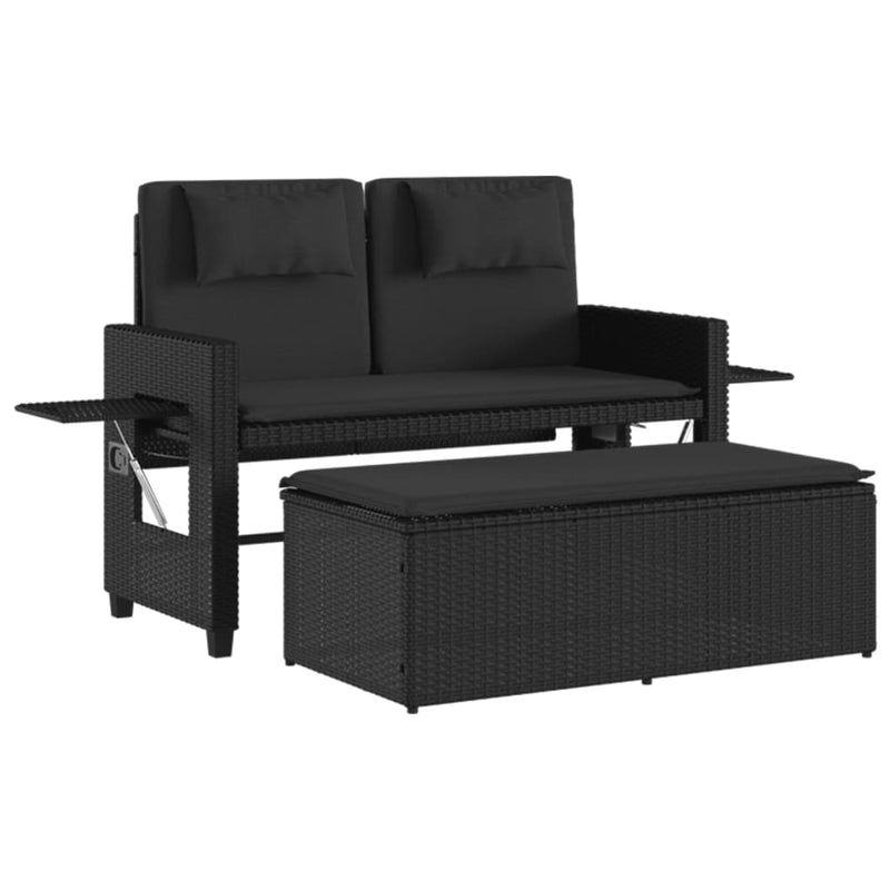 Reclining Garden Bench with Cushions Black Poly Rattan