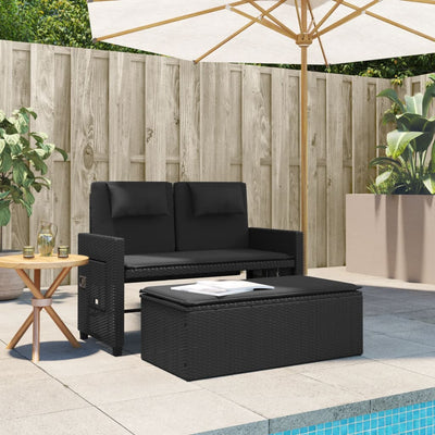 Reclining Garden Bench with Cushions Black Poly Rattan