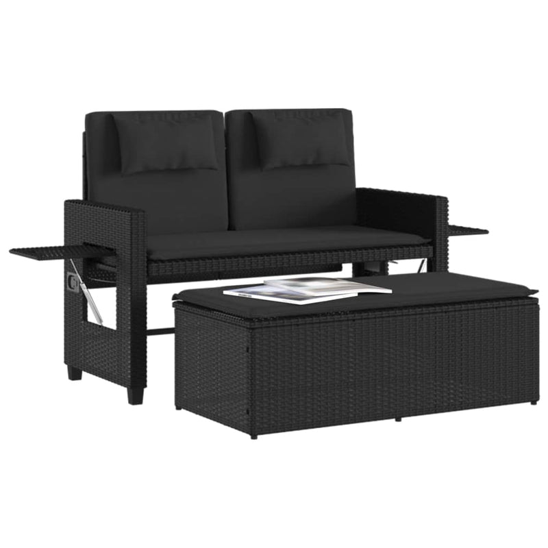 Reclining Garden Bench with Cushions Black Poly Rattan