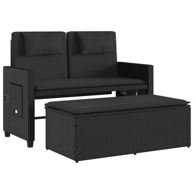 Reclining Garden Bench with Cushions Black Poly Rattan