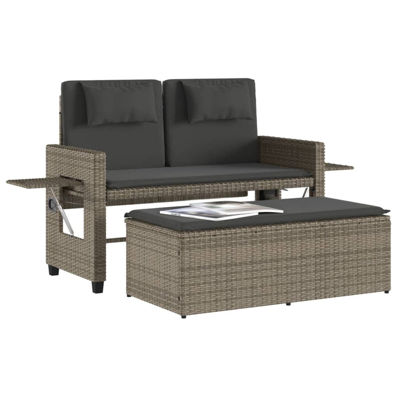 Reclining Garden Bench with Cushions Grey Poly Rattan