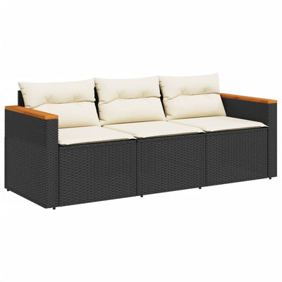 Garden Sofa with Cushions 3-Seater Black Poly Rattan