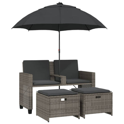 Garden Sofa 2-Seater with Parasol and Stools Grey Poly Rattan