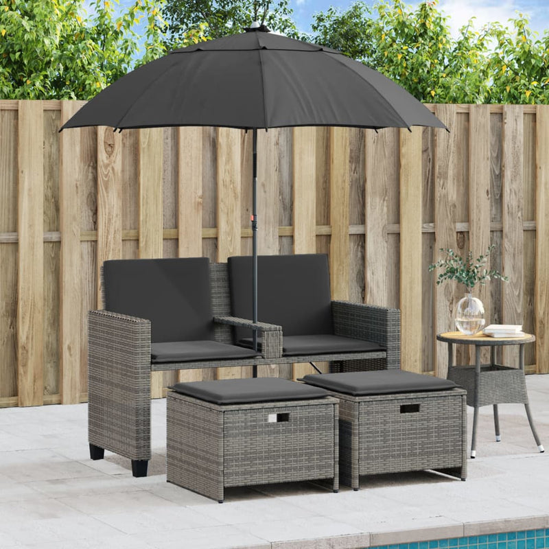 Garden Sofa 2-Seater with Parasol and Stools Grey Poly Rattan