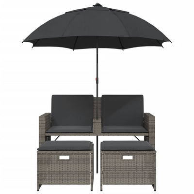 Garden Sofa 2-Seater with Parasol and Stools Grey Poly Rattan