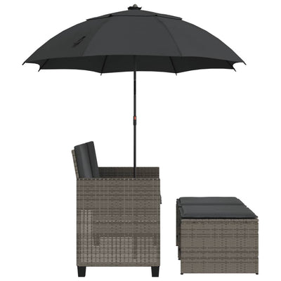 Garden Sofa 2-Seater with Parasol and Stools Grey Poly Rattan