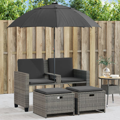 Garden Sofa 2-Seater with Parasol and Stools Grey Poly Rattan