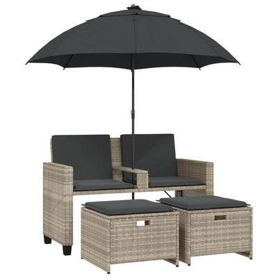 Garden Sofa 2-Seater with Parasol and Stools Light Grey Poly Rattan