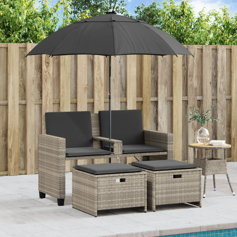 Garden Sofa 2-Seater with Parasol and Stools Light Grey Poly Rattan