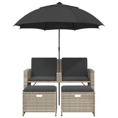 Garden Sofa 2-Seater with Parasol and Stools Light Grey Poly Rattan