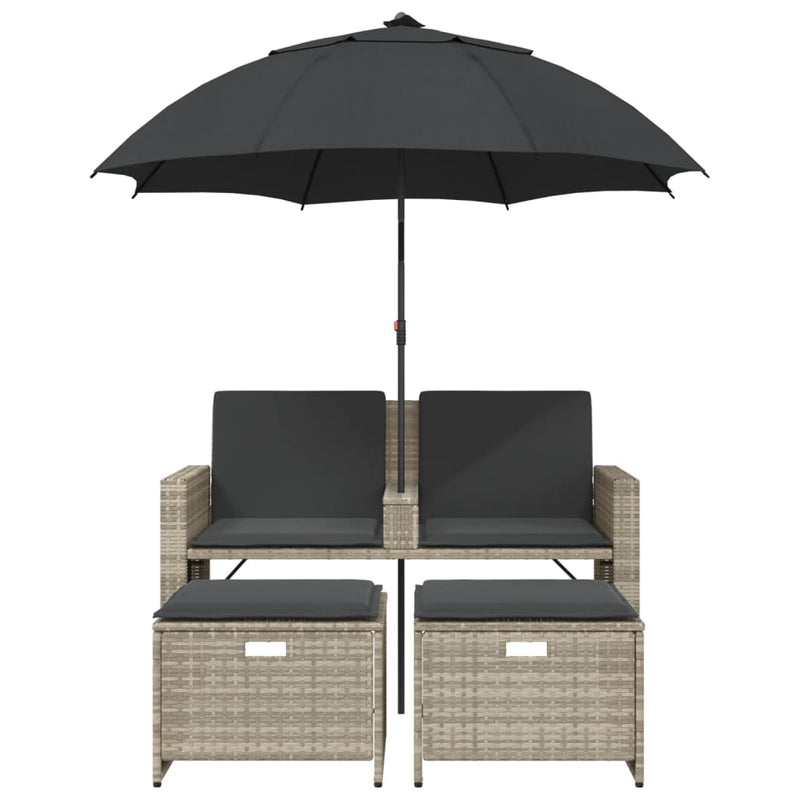 Garden Sofa 2-Seater with Parasol and Stools Light Grey Poly Rattan