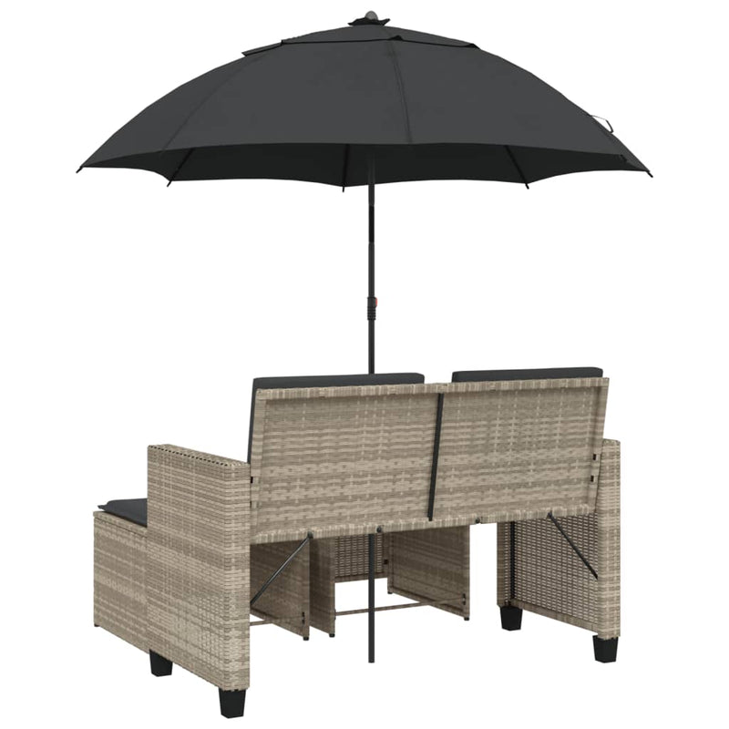 Garden Sofa 2-Seater with Parasol and Stools Light Grey Poly Rattan