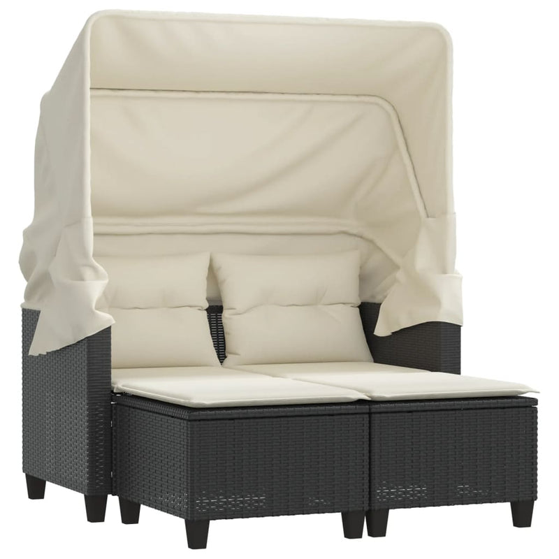 Garden Sofa 2-Seater with Canopy and Stools Black Poly Rattan