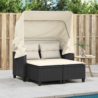 Garden Sofa 2-Seater with Canopy and Stools Black Poly Rattan