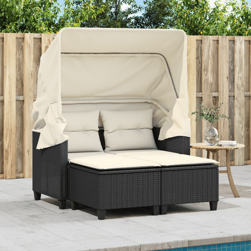 Garden Sofa 2-Seater with Canopy and Stools Black Poly Rattan