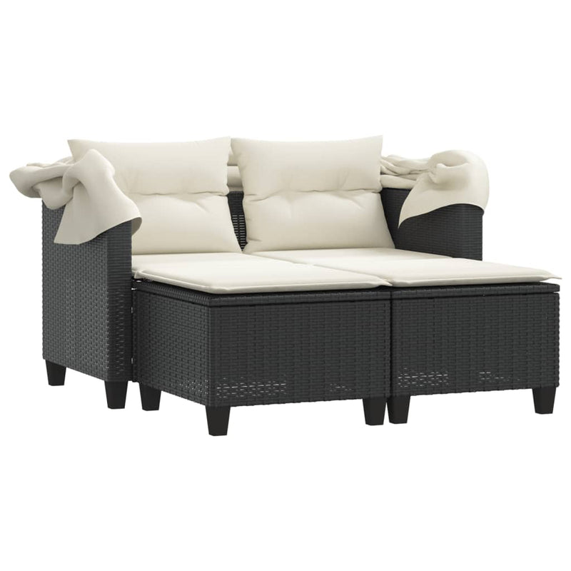 Garden Sofa 2-Seater with Canopy and Stools Black Poly Rattan