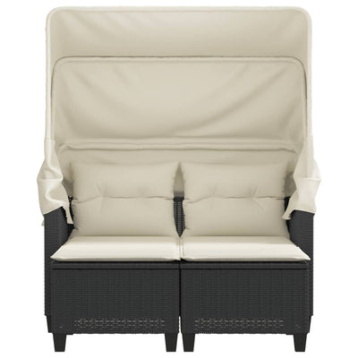 Garden Sofa 2-Seater with Canopy and Stools Black Poly Rattan