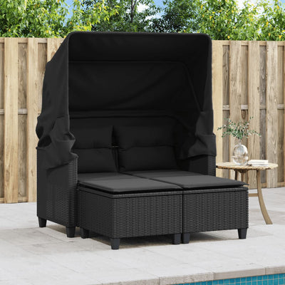 Garden Sofa 2-Seater with Canopy and Stools Black Poly Rattan