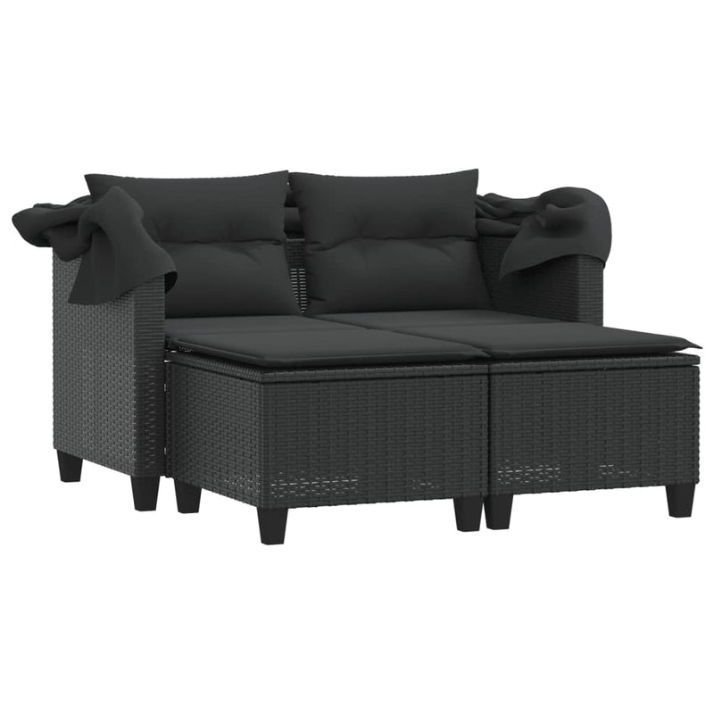 Garden Sofa 2-Seater with Canopy and Stools Black Poly Rattan