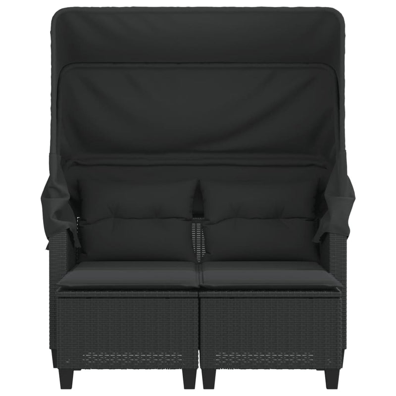 Garden Sofa 2-Seater with Canopy and Stools Black Poly Rattan