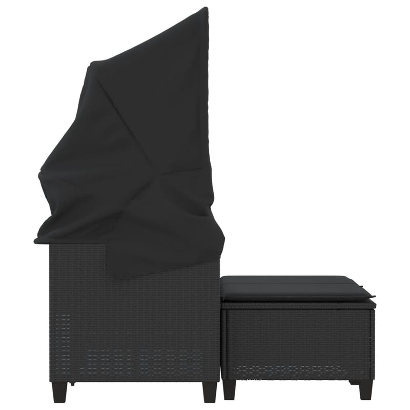 Garden Sofa 2-Seater with Canopy and Stools Black Poly Rattan