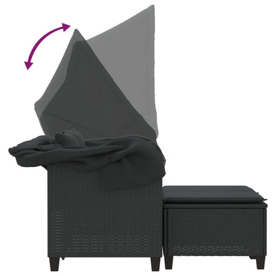 Garden Sofa 2-Seater with Canopy and Stools Black Poly Rattan